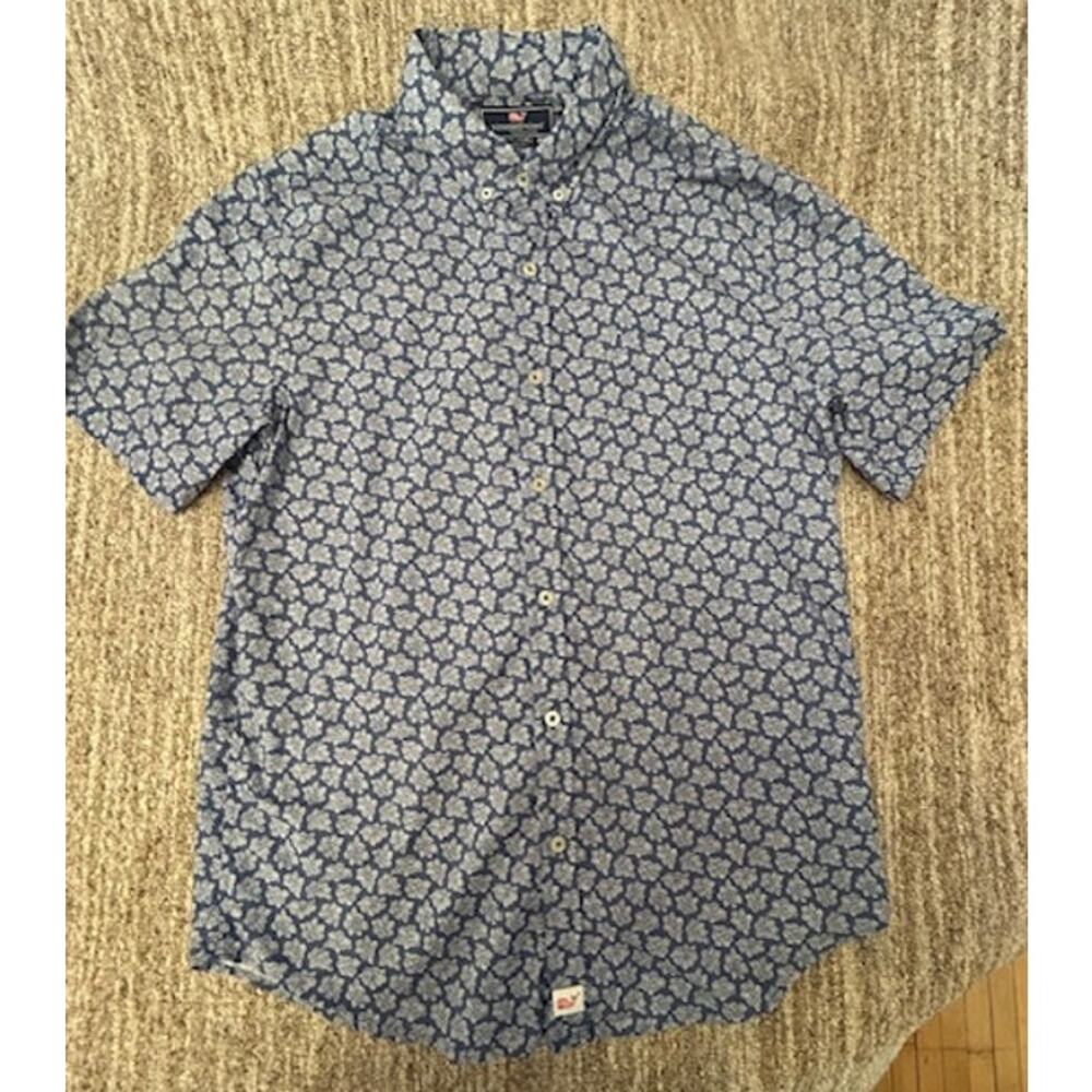 Vineyard Vines Blue White Short Sleeve Mens Button Up Cotton Stretch Shirt SZ M